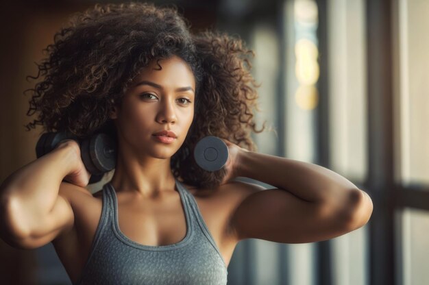 Foto een afro-amerikaanse vrouw met krullend haar houdt een zwarte halter vast