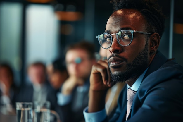 Een Afro-Amerikaanse zakenman luistert aandachtig naar een discussie tijdens een bedrijfsvergadering