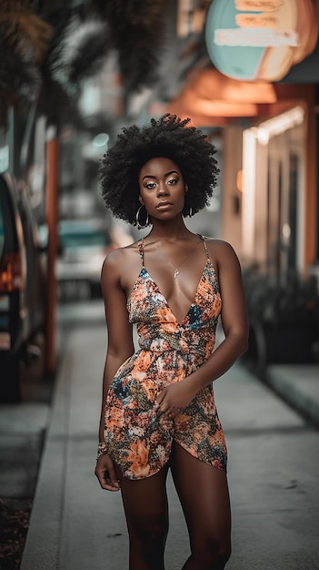 Een afro-vrouw in een gebloemde jurk staat op straat