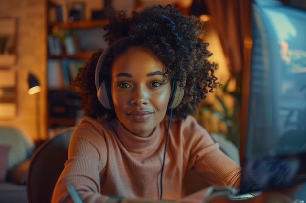 Een Afro-vrouw met een headset schrijft tijdens een videogesprek aantekeningen die haar demonstreren