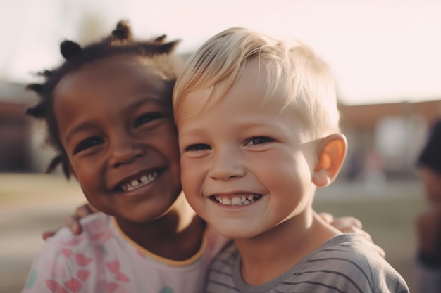 Foto een afromeisje en een blonde jongen die samen glimlachen generatieve ai