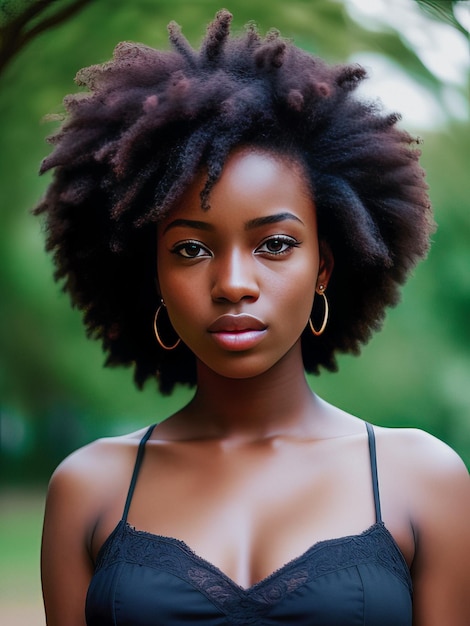 Een afrovrouw met een natuurlijk kapsel staat voor een groene achtergrond