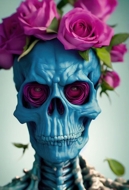 Een afschuwelijk oud skelet met bloemen op zijn hoofd Halloween Concept