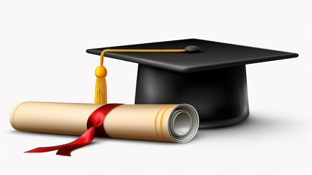 Een afstudeerpet en een diploma op een witte achtergrond