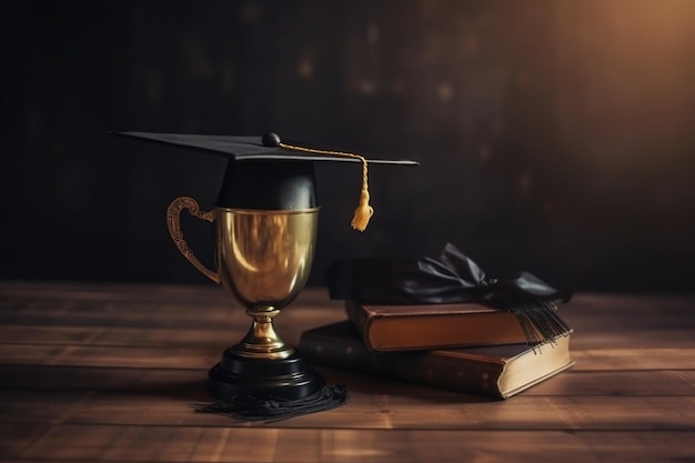 Een afstudeerpet staat op een trofee en een boek op een tafel.