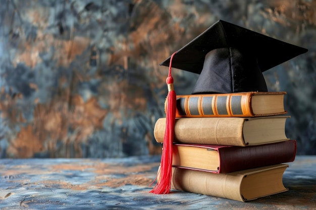 Foto een afstuderen pet met boeken onderwijs dag