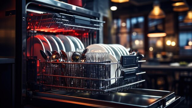 Een afwasmachine met een rood licht erop en veel afwas ai