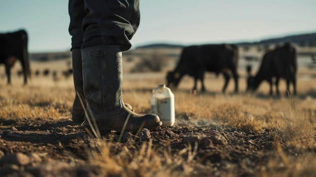 Een agent die zijn laarzen desinfecteert na het inspecteren van een veeboerderij op biologische risico's