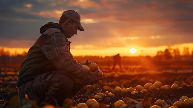 Een agronoom die aardappelgewassen inspecteert en verse aardappelen vasthoudt tegen een kleurrijke zonsopgang