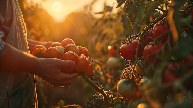 Een agronoom inspecteert tomatenvelden met rijpe tomaten tegen de zonsondergang