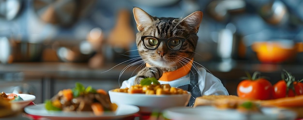 Een AI-geassisteerde kattenkok concocteert een heerlijke culinaire creatie Concept Feline Chef39s Speciale AI-gesteunde culinaire avontuur Heerlijke kattenkeuken Gourmetfeesten Purrfect Creaties