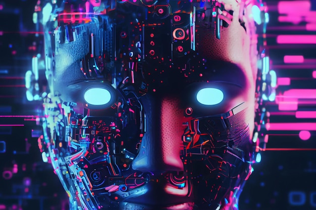 Een AI-gegenereerde illustratie van een robotkop omgeven door binaire codes op een donkere achtergrond
