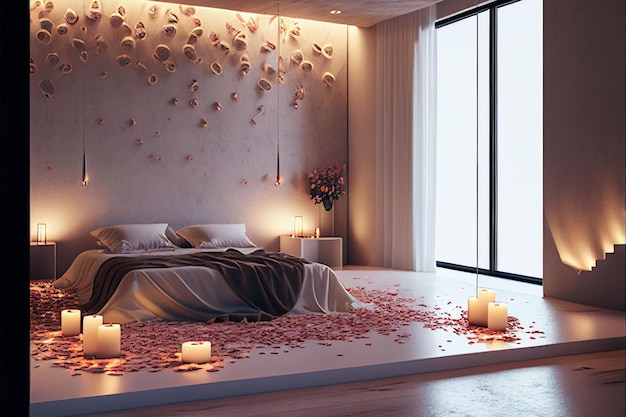 Een AI gegenereerde illustratie van een romantisch slaapkamerinterieur met kaarsen en rozenblaadjes