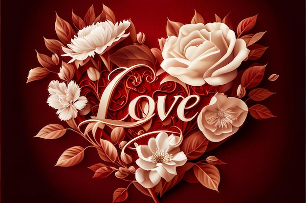 Een AI gegenereerde illustratie van een romantische Valentijnsdagachtergrond met bloemen die een hartvorm vormen