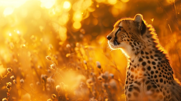 Een AI-generatieve afbeelding van een cheetah in de bosjes tijdens het gouden uur