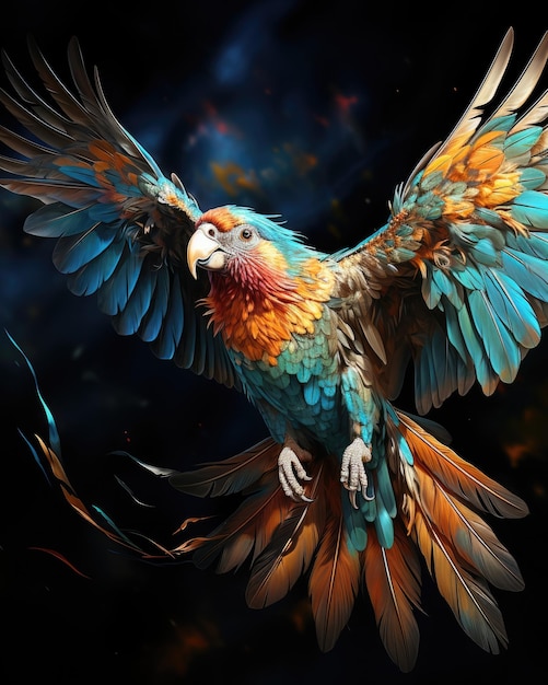 Een ai illustratie van een kleurrijke papegaai vliegen op zwarte achtergrond Stock Illustratie Generatieve AI