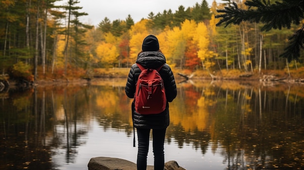 Een AI-illustratie van een vrouw met een rugzak die bij het water voor een bos staat