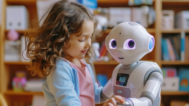 Een AI-robot met kunstmatige intelligentie interageert met een kind voor een gepersonaliseerde leerervaring