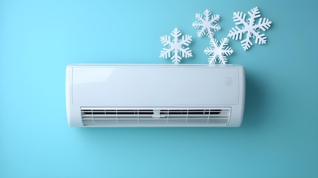 Een airconditioner met sneeuwvlokken bovenop