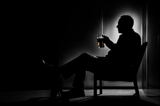 Een alcoholist drinkt alleen Man drinkt bier Donker silhouet Alcoholverslaving Concept