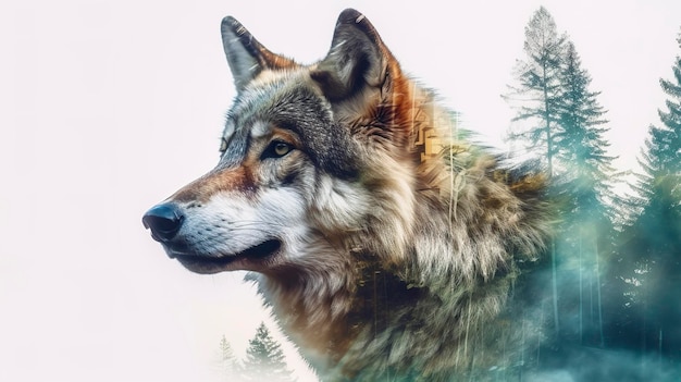 Een alfawolf en de spectaculaire kleurrijke natuur en het groene bos maken scherpe focus op witte achtergrondfotografie met dubbele belichting AI Generative