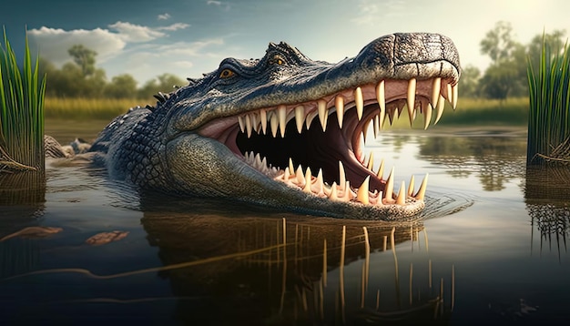 een alligator met open mond in een rivier