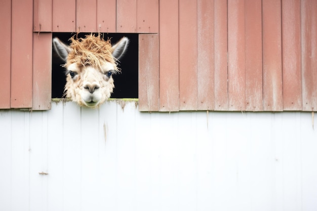 Een alpaca die achter de schuur kijkt.