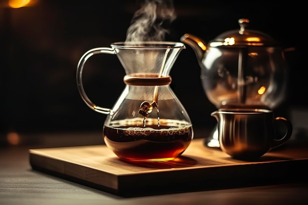 Een alternatieve methode voor het brouwen van koffie is zuiver over een glazen theepot op een houten dienblad Generatieve AI