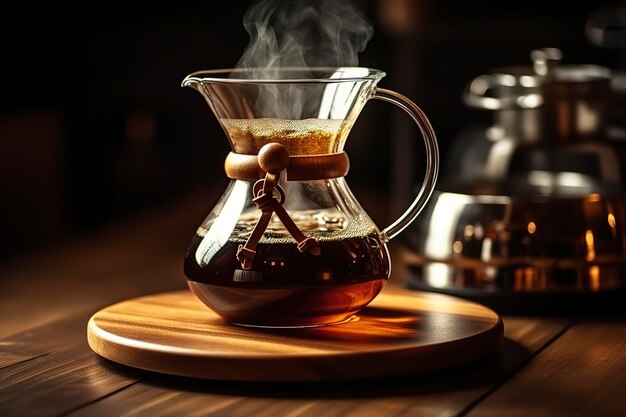Een alternatieve methode voor het brouwen van koffie is zuiver over een glazen theepot op een houten dienblad Generatieve AI