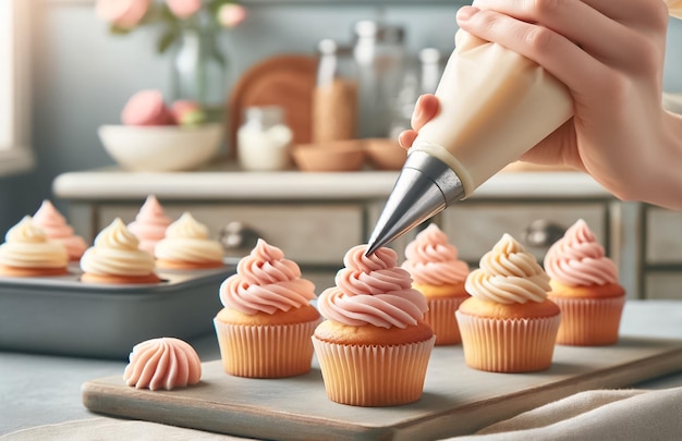 Een ambachtelijke bakker siert cupcakes met wervelingen van roze glazuur