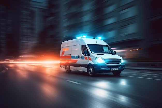 Een ambulance gaat snel naar de slachtoffers, bel wazige nachtstraatstad in beweging generatieve ai