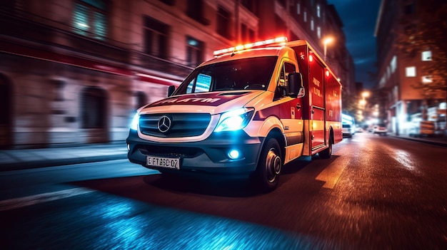 Een ambulanceauto voor medische noodgevallen rijdt met rode lichten door de stad op een weg