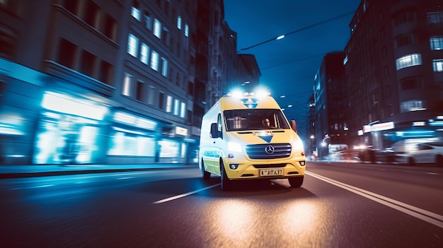 Een ambulanceauto voor medische noodgevallen rijdt met rode lichten door de stad op een weg