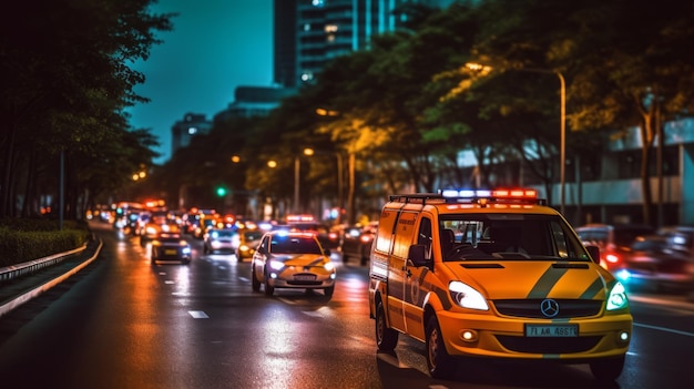 Een ambulanceauto voor medische noodgevallen rijdt met rode lichten door de stad op een weg