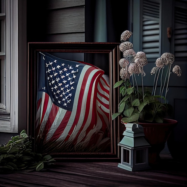 Een Amerikaanse vlag in een frame op een tafel