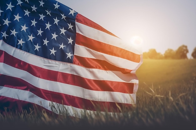 Een Amerikaanse vlag in een veld met de zon erachter