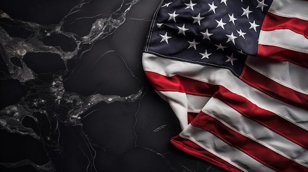 Een Amerikaanse vlag op een zwart marmeroppervlak.