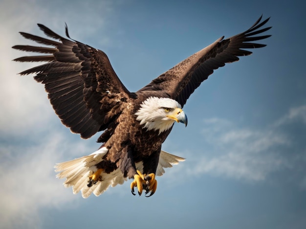 Foto een amerikaanse zeearend die door de lucht vliegt met zijn vleugels uitgespreid en zijn klauw uitgestrekt