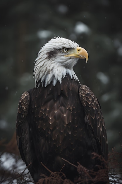 Foto een amerikaanse zeearend met een gele snavel zit voor een bos