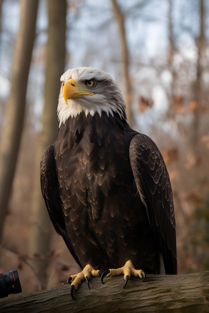 Een Amerikaanse zeearend met een gele snavel zit voor een bos