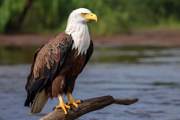 een Amerikaanse zeearend zat op een tak voor een rivier