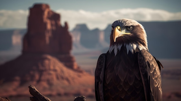 Een Amerikaanse zeearend zit op een tak voor een ravijn.