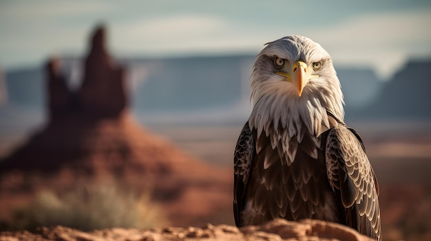 Een Amerikaanse zeearend zit voor een ravijn.