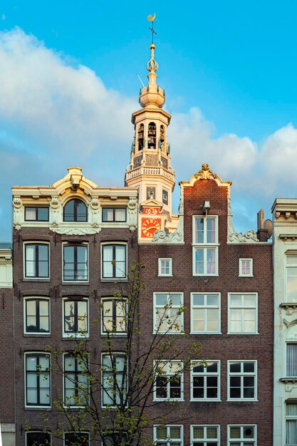 Een Amsterdamse straat in het voorjaar met kleurrijke huizen in de stijl van klassieke Nederlandse architectuur