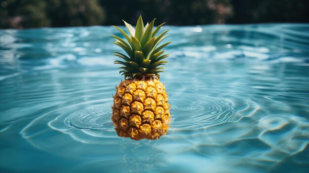 Een ananas die drijft in een zwembad. Zomervakantie concept.