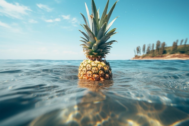 Een ananas die in een oceaan drijft