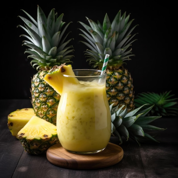 Een ananas en een glas ananassap met een groen rietje.