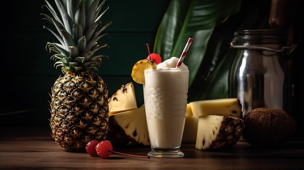 Een ananas en een glas melk met een rietje en een ananas erbij