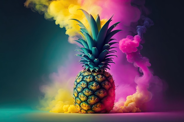 Een ananas gefotografeerd in het donker met kleurrijke rookachtergrond ai generatief