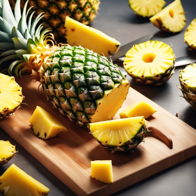Foto een ananas geknipt in gelijke en vloeiende stukken op een witte achtergrond